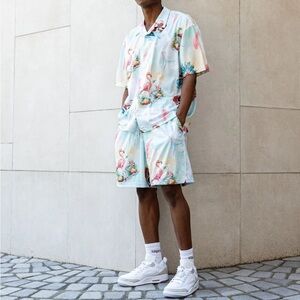 Jordan Essentials Light Blue Flamingo-Print Flat Front Shorts and matching top